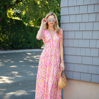 Pink Ikat Flutter Sleeve V-Neck Maxi