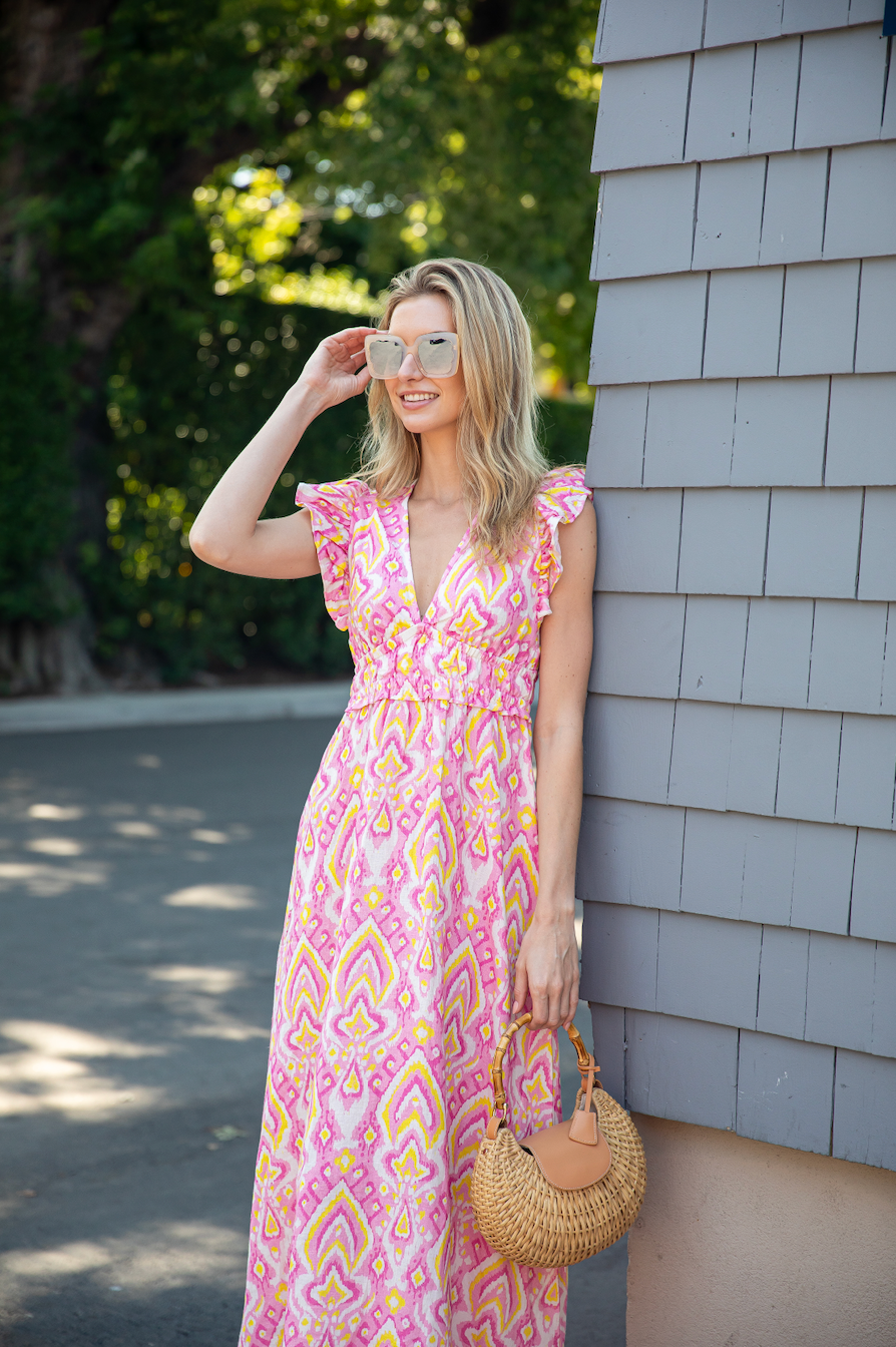 Pink Ikat Flutter Sleeve V-Neck Maxi