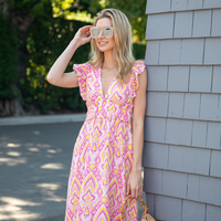 Pink Ikat Flutter Sleeve V-Neck Maxi