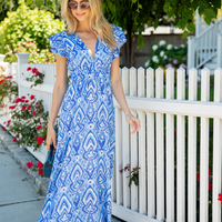 Blue Ikat V-Neck Flutter Sleeve Maxi