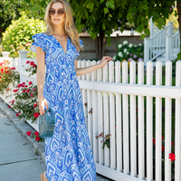 Blue Ikat V-Neck Flutter Sleeve Maxi