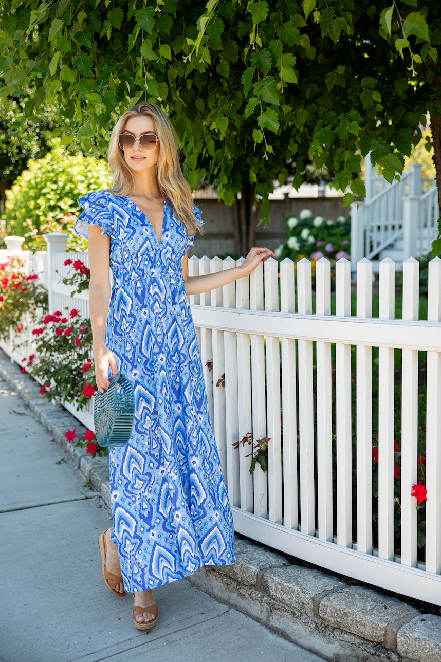 Blue Ikat V-Neck Flutter Sleeve Maxi