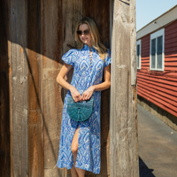 Blue Ikat Linen Puff Sleeve Midi Dress