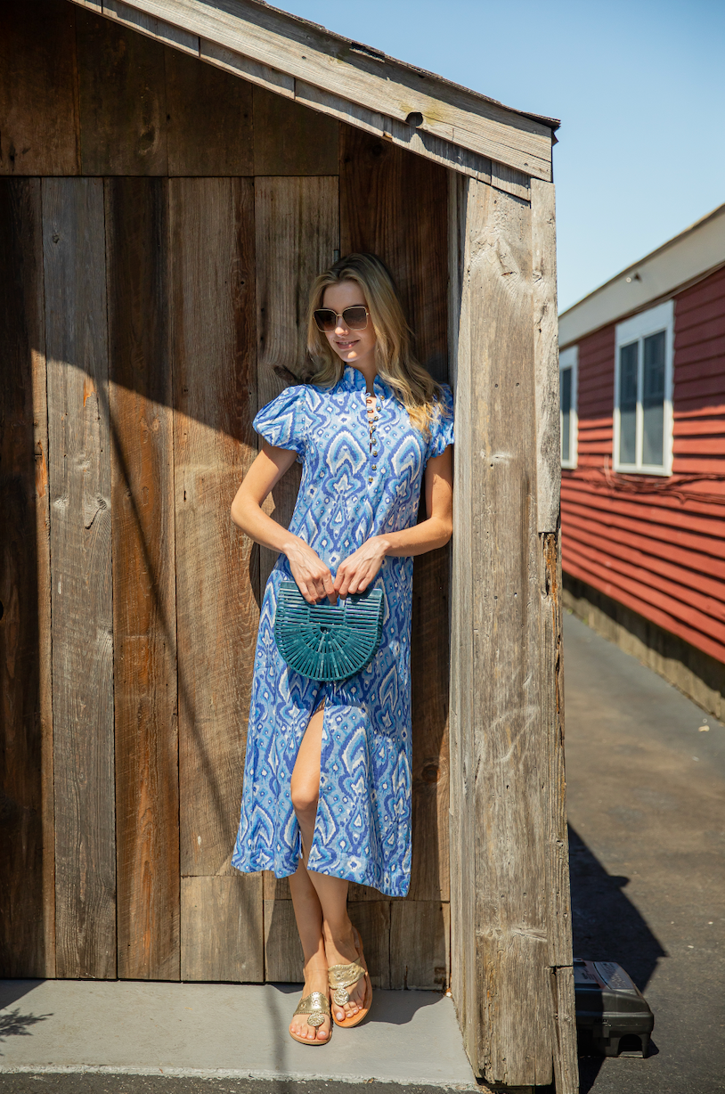 Blue Ikat Linen Puff Sleeve Midi Dress