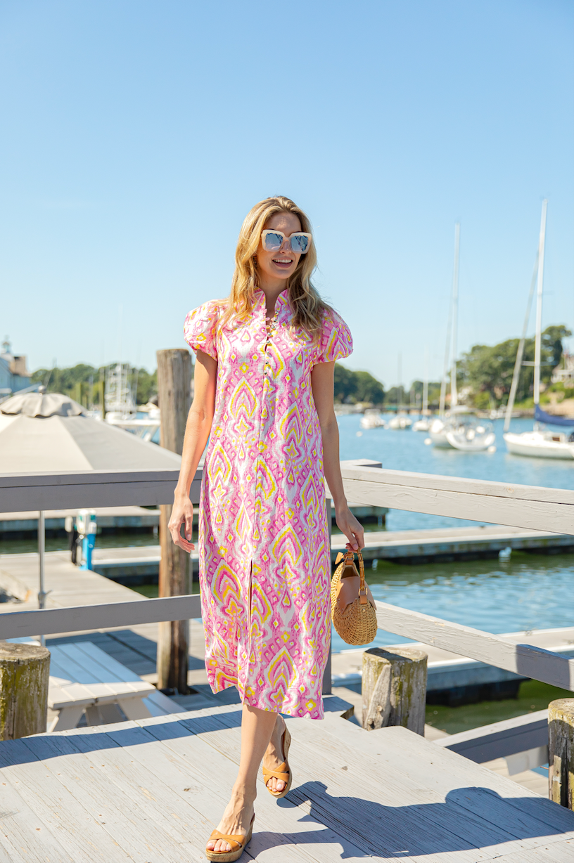 Pink Ikat Linen Puff Sleeve Dress