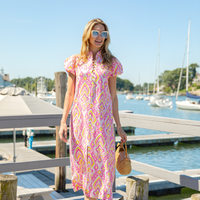 Pink Ikat Linen Puff Sleeve Dress