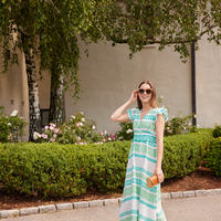 Green Jacquard V-Neck Flutter Sleeve Maxi Dress