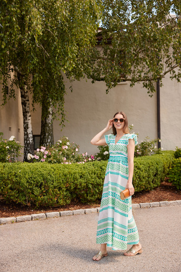 Green Jacquard V-Neck Flutter Sleeve Maxi Dress