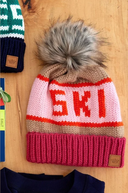 Camel/Pink Ski Pom Hat