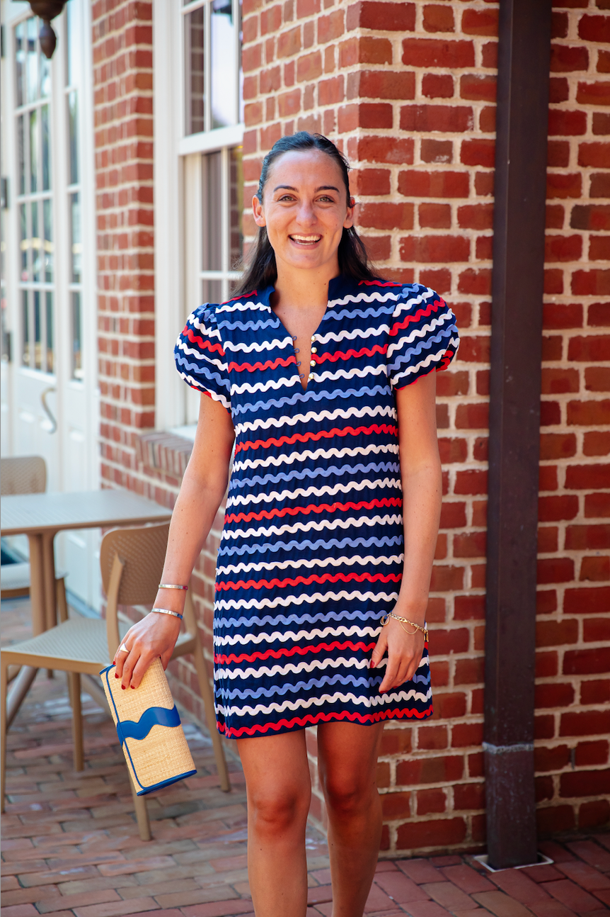 Red, White & Blue Ric-Rac Button Front Mini Dress