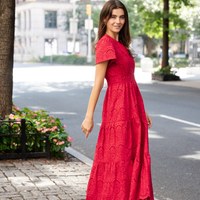 Red Eyelet Cinched Waist Midi Dress