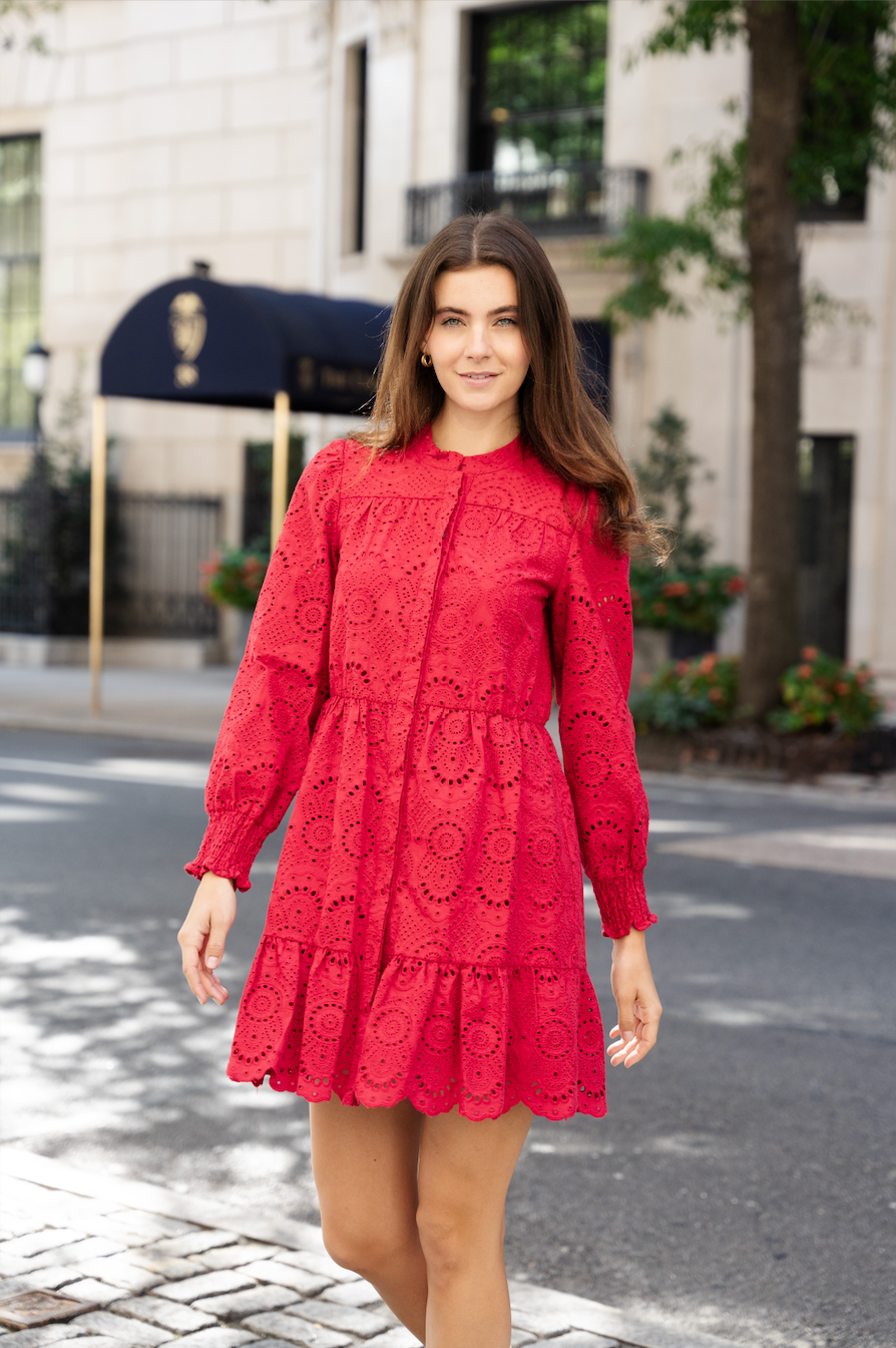 Red Eyelet Long Sleeve Cinched Waist Dress