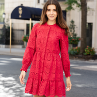 Red Eyelet Long Sleeve Cinched Waist Dress