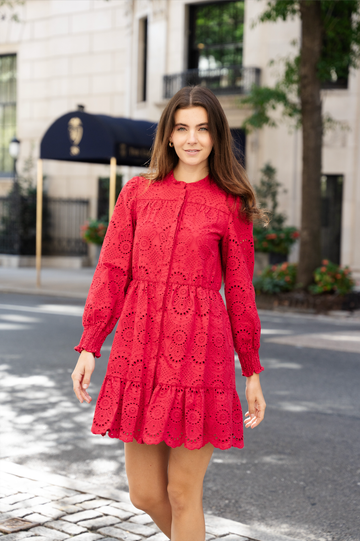 Red Eyelet Long Sleeve Cinched Waist Dress
