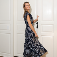 Navy Metallic V-Neck Ruffle Hem Midi Dress