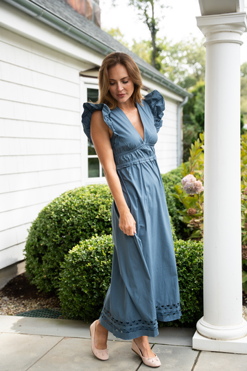 Stone Blue V-Neck Flutter Sleeve Maxi Dress with Ric-Rac