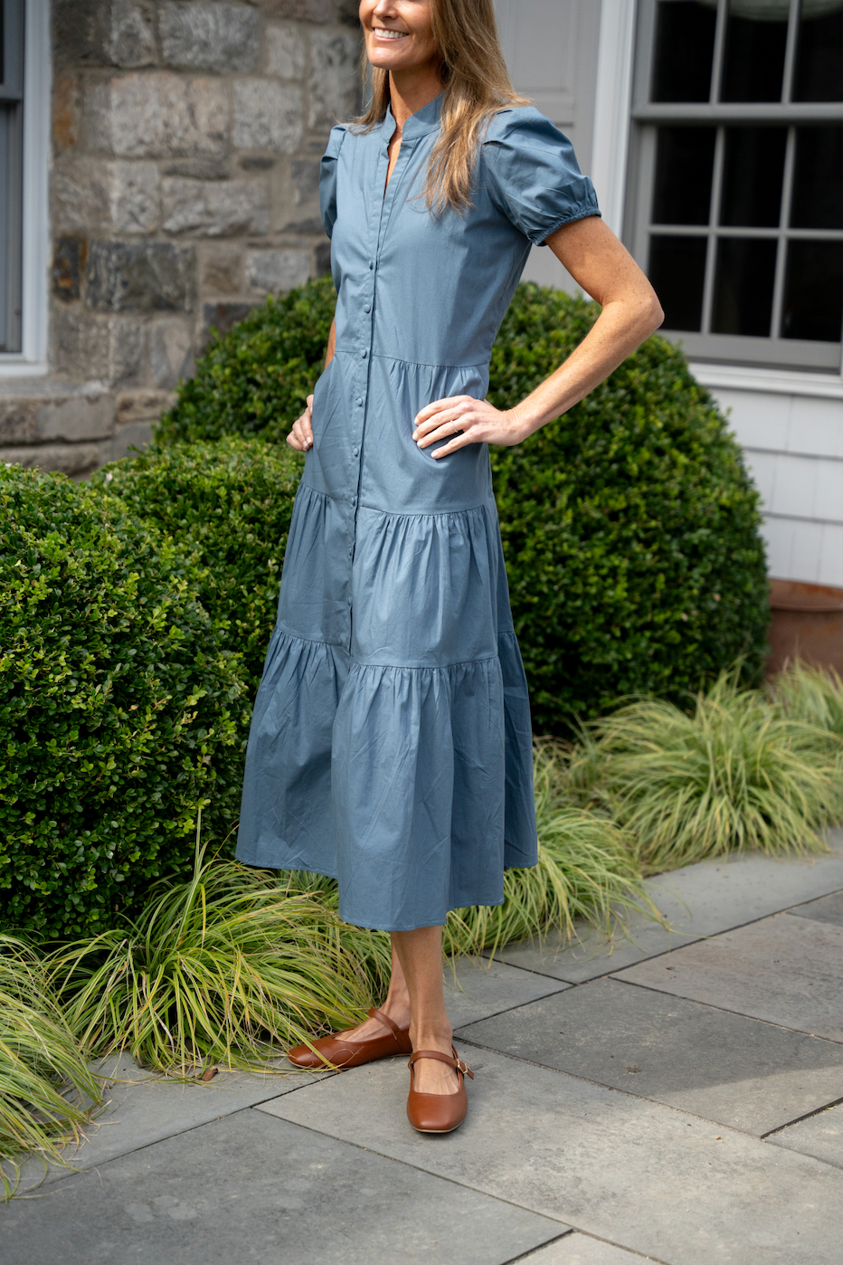 Stone Blue Button Front Shirt Dress