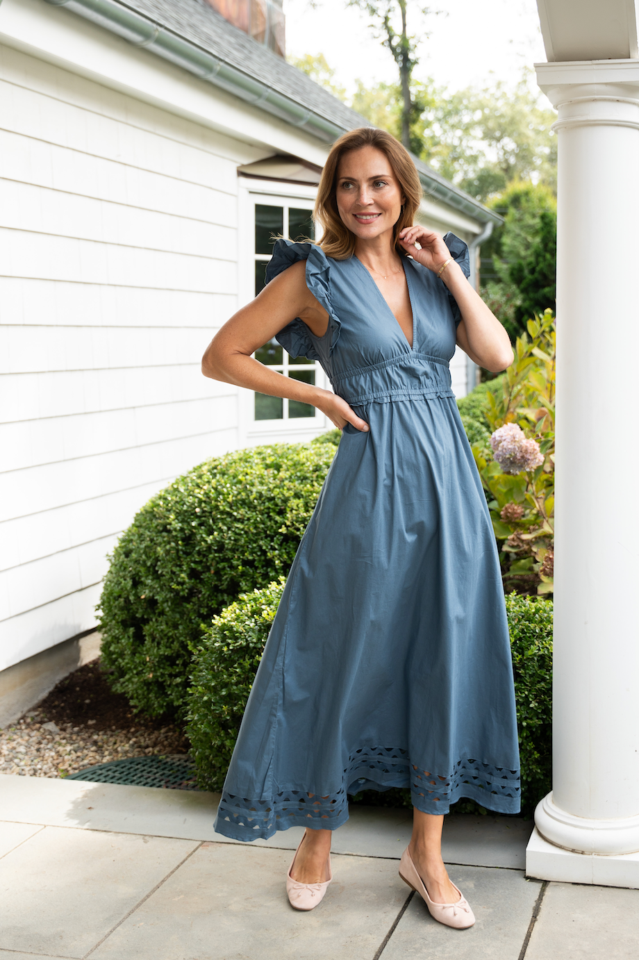 Stone Blue V-Neck Flutter Sleeve Maxi Dress with Ric-Rac