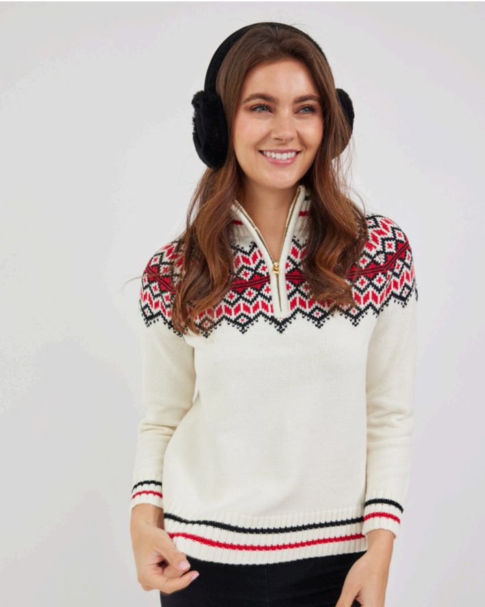 Ivory Zip Front Fair Isle Sweater