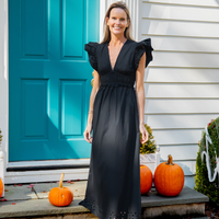 Black V-Neck Flutter Sleeve Maxi Dress with Ric-Rac