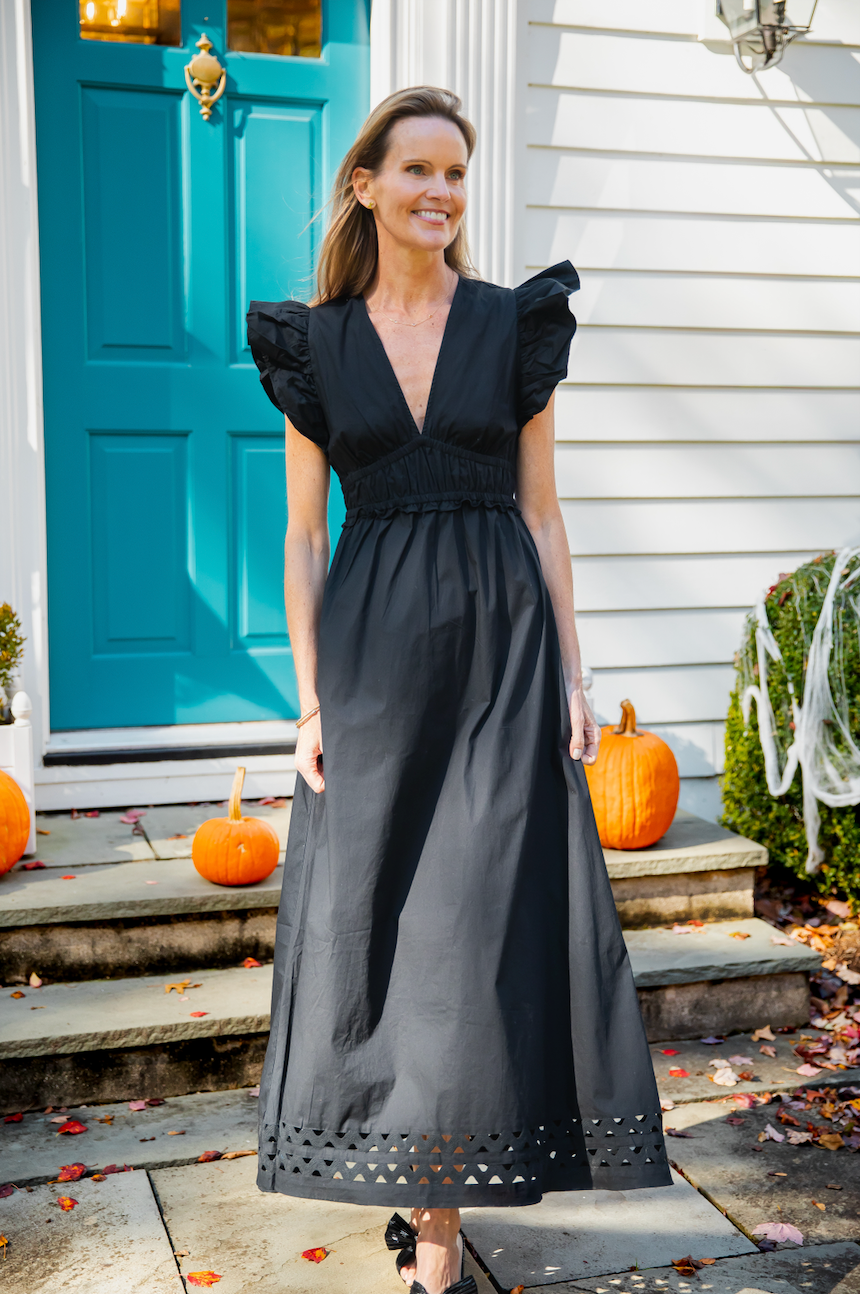 Black V-Neck Flutter Sleeve Maxi Dress with Ric-Rac