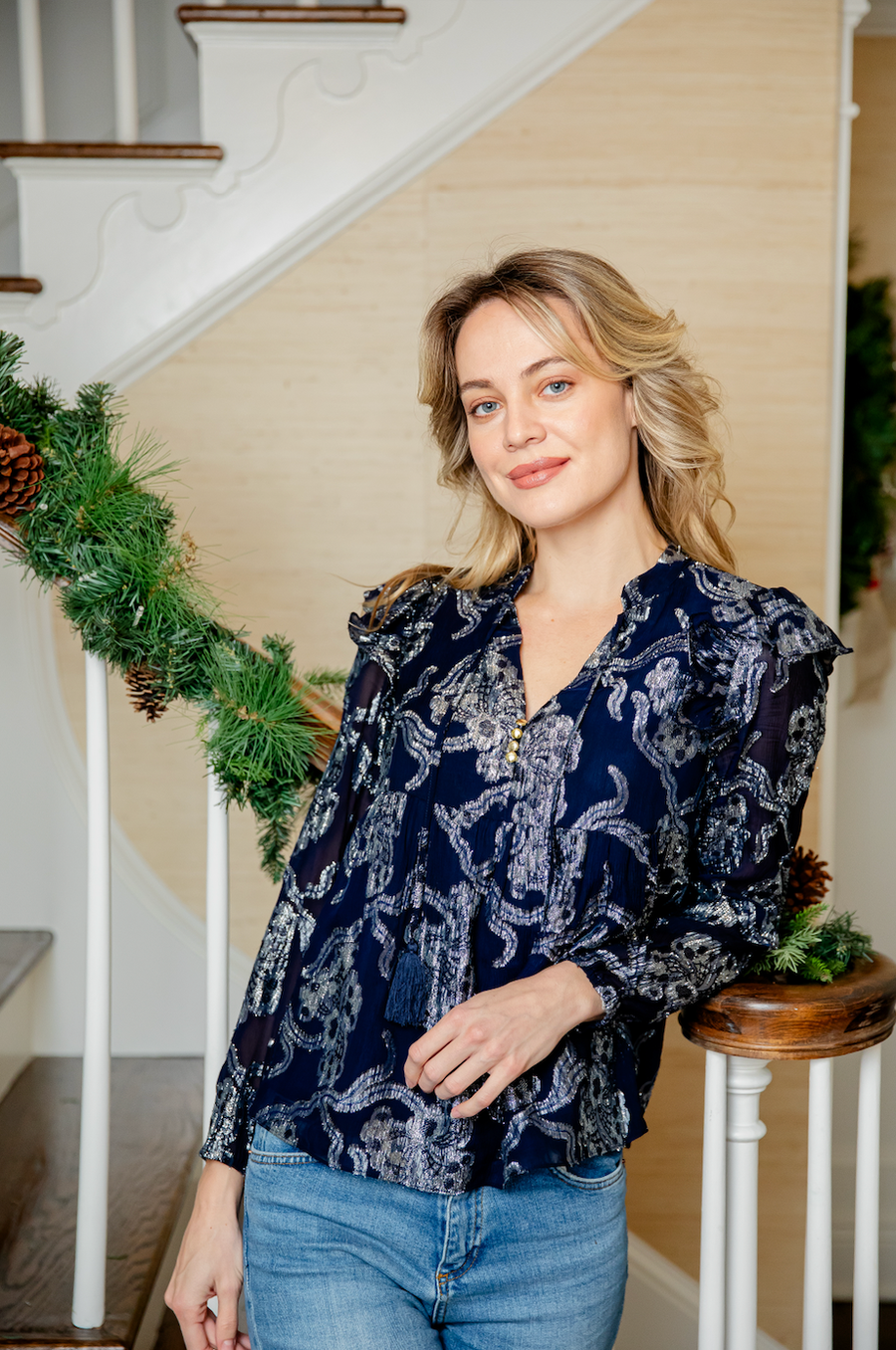 Navy Metallic Ruffle Front Top