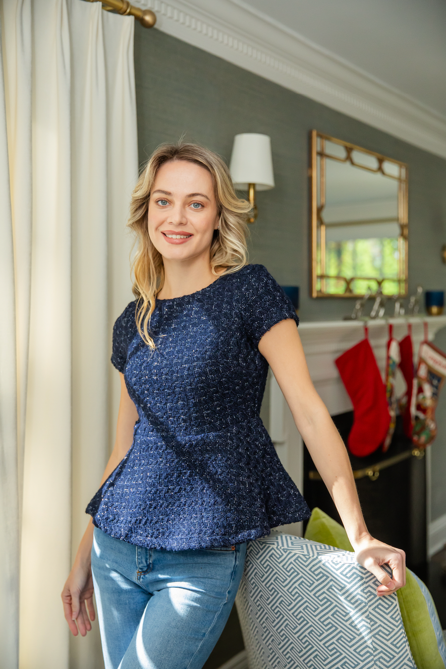 Navy Metallic Tweed Zip Back Peplum Top