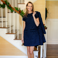 Navy Metallic Tweed Short Sleeve Shift Dress
