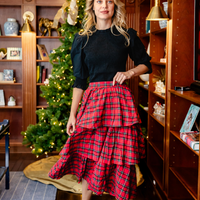 Red Plaid Tiered Midi Skirt