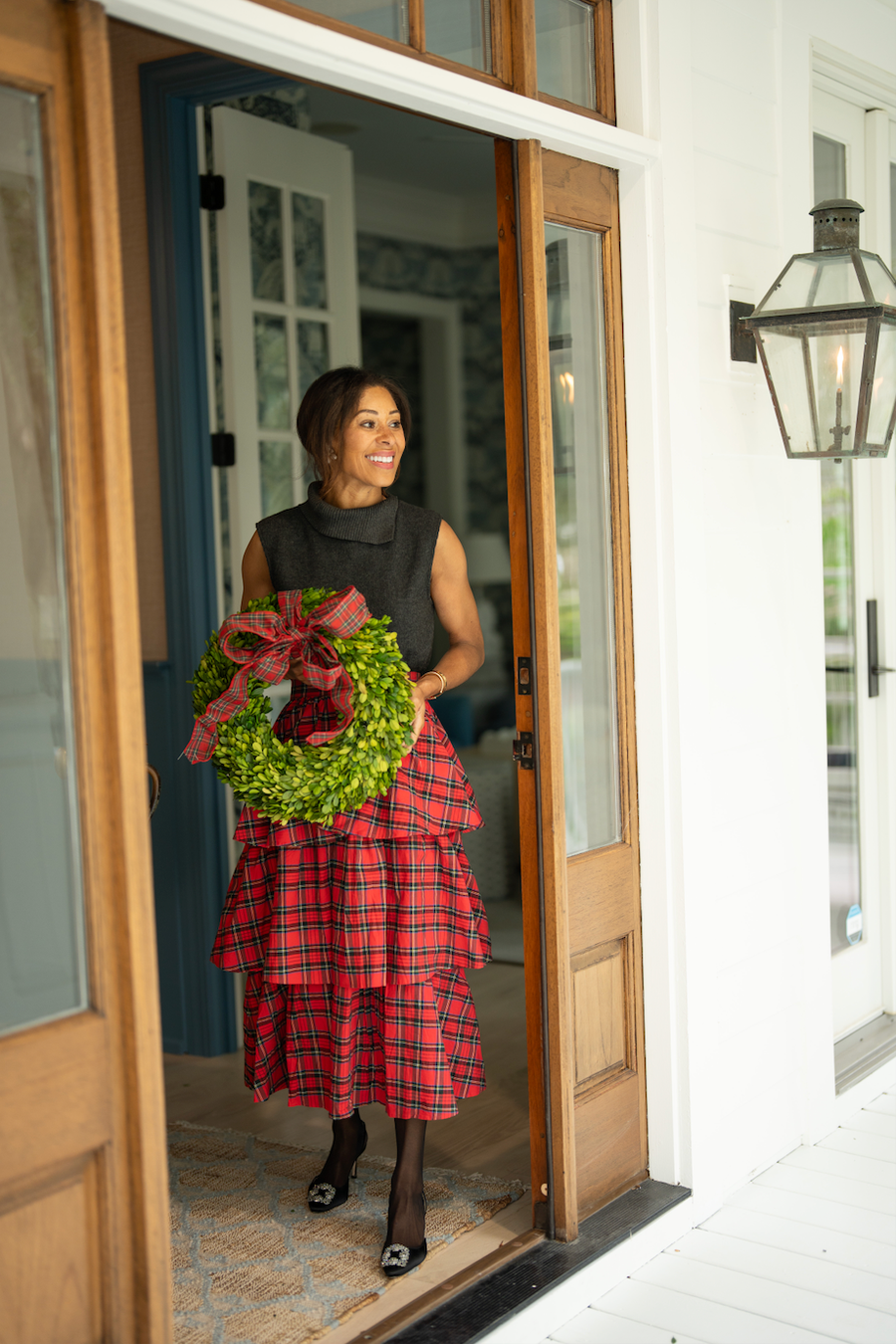 Red Plaid Tiered Midi Skirt
