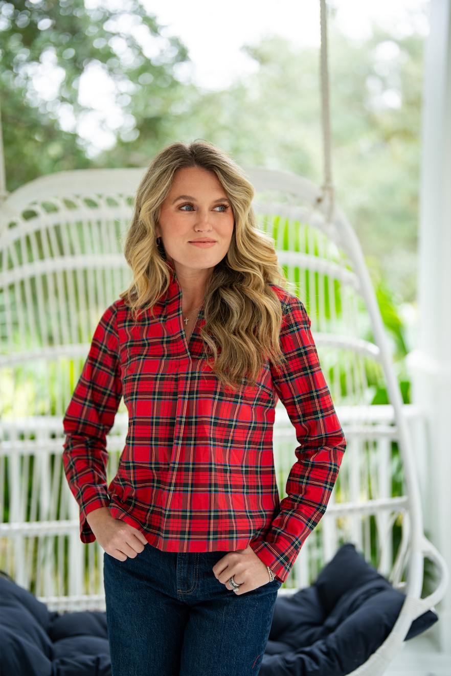 Red Plaid Scalloped Hem Top