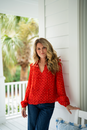 Red Lurex Ruffle Front Top