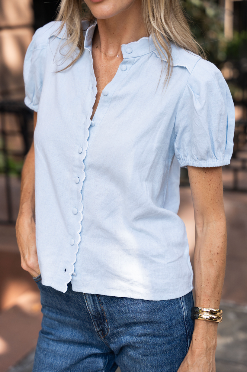 Light Blue Short Sleeve Scalloped Button Down