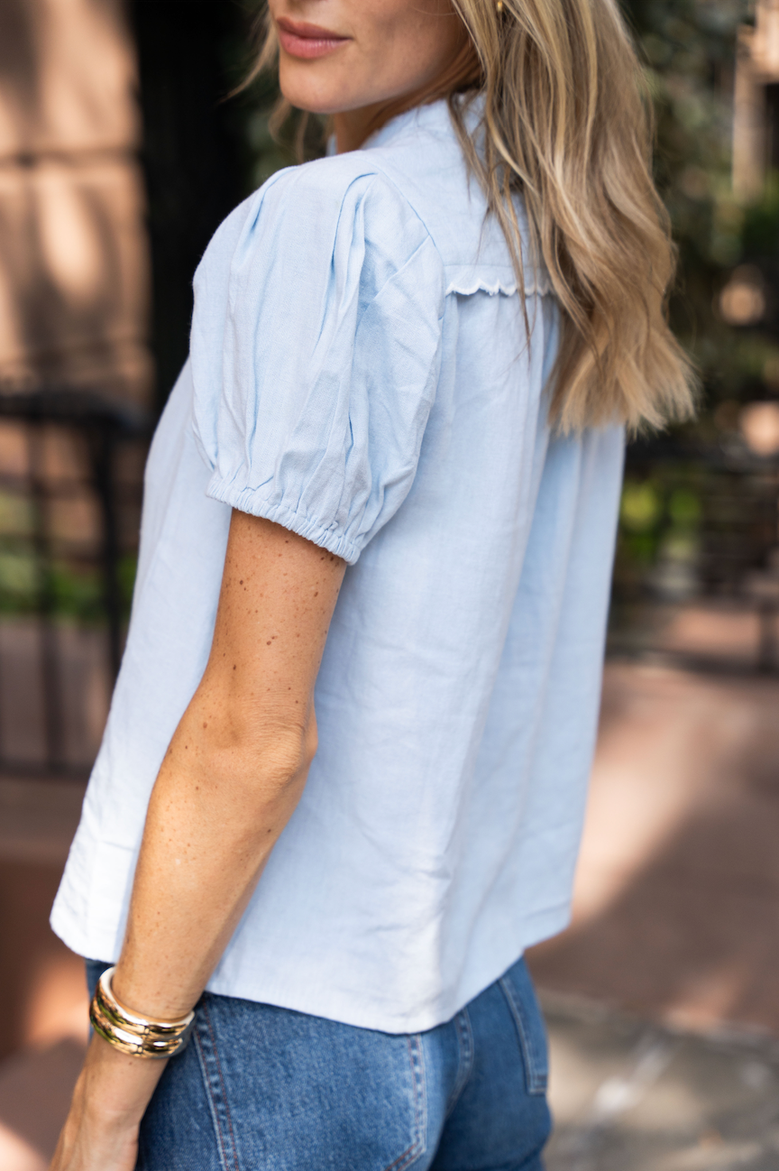 Light Blue Short Sleeve Scalloped Button Down