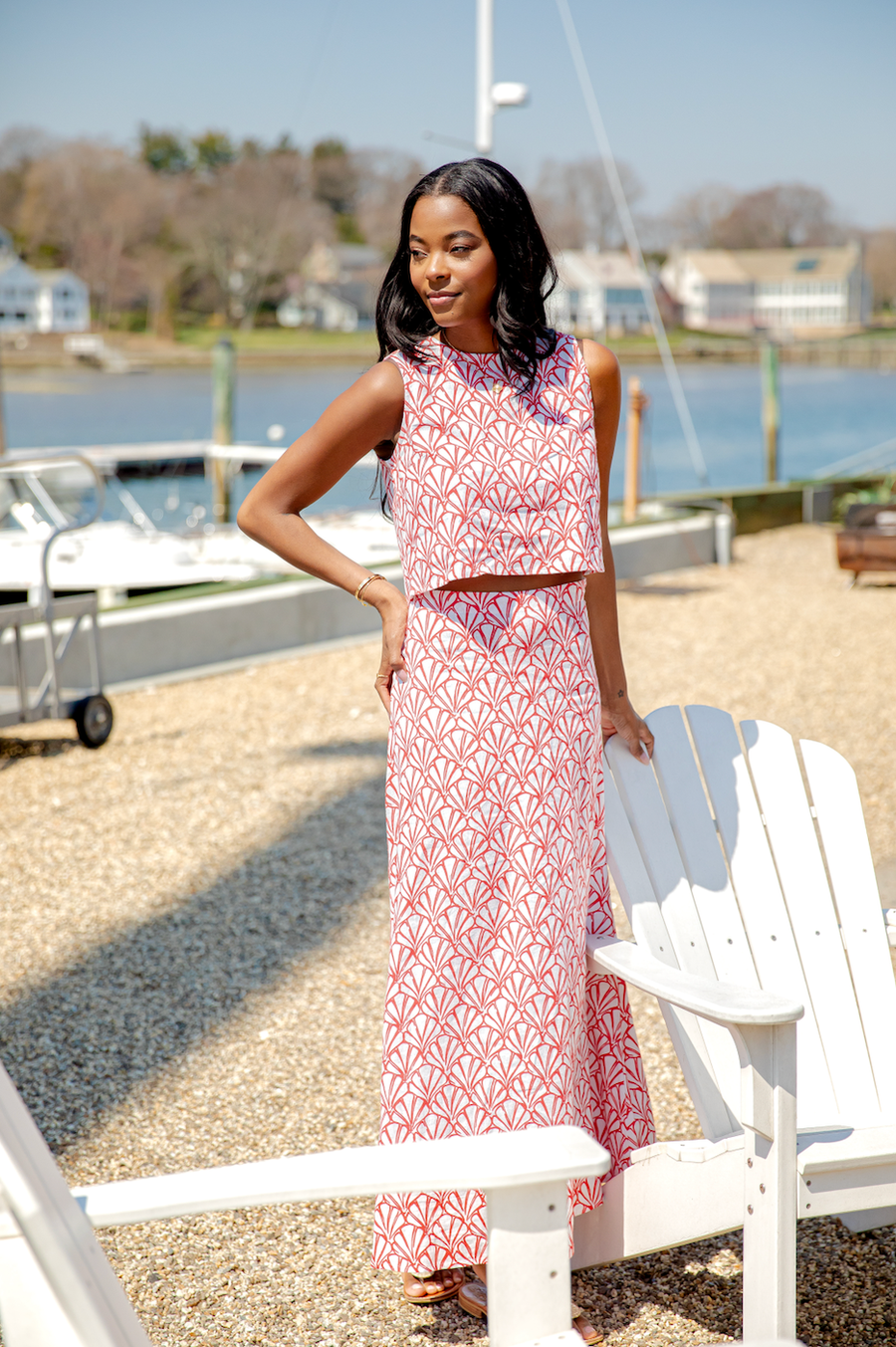 スカート S drape knot maxi skirt the red thread Red Seashell Print Maxi Skirt Set – Sail to Sable