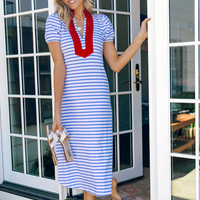 Blue & White Stripe Short Sleeve Classic Midi Tunic