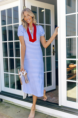 Blue & White Stripe Short Sleeve Classic Midi Tunic