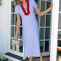 Blue & White Stripe Short Sleeve Classic Midi Tunic