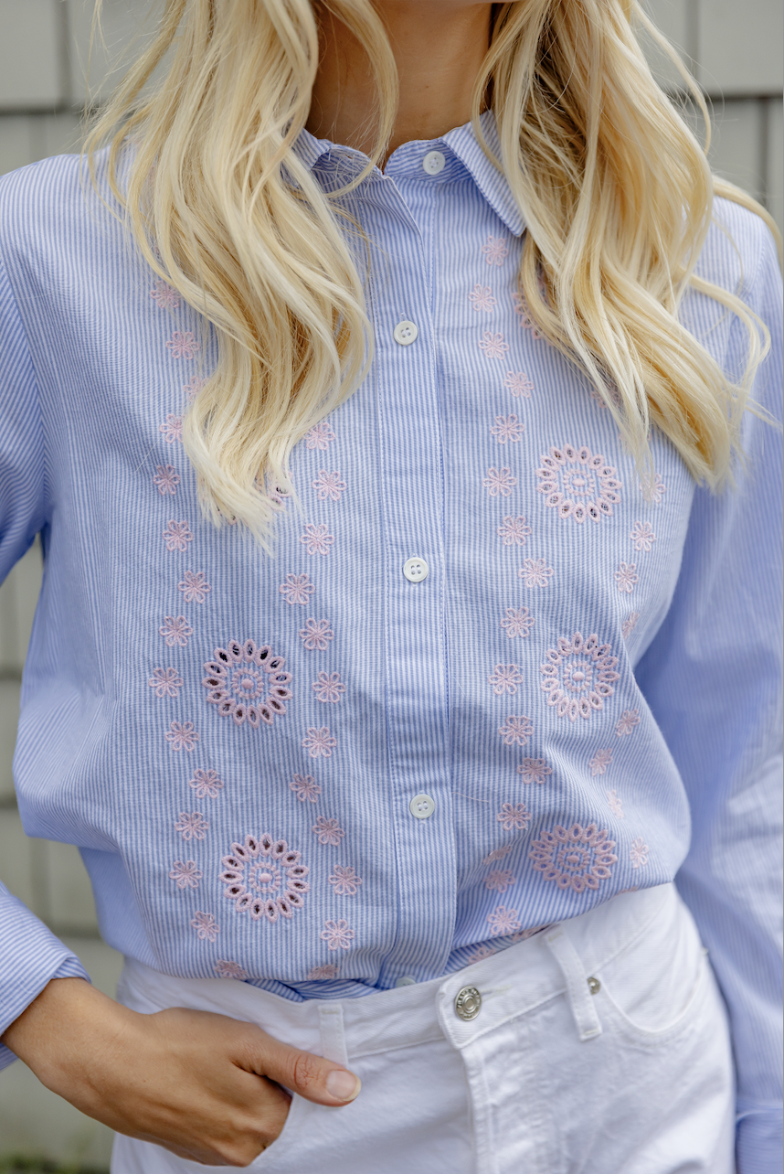 Blue & White Embroidered Button Down Shirt
