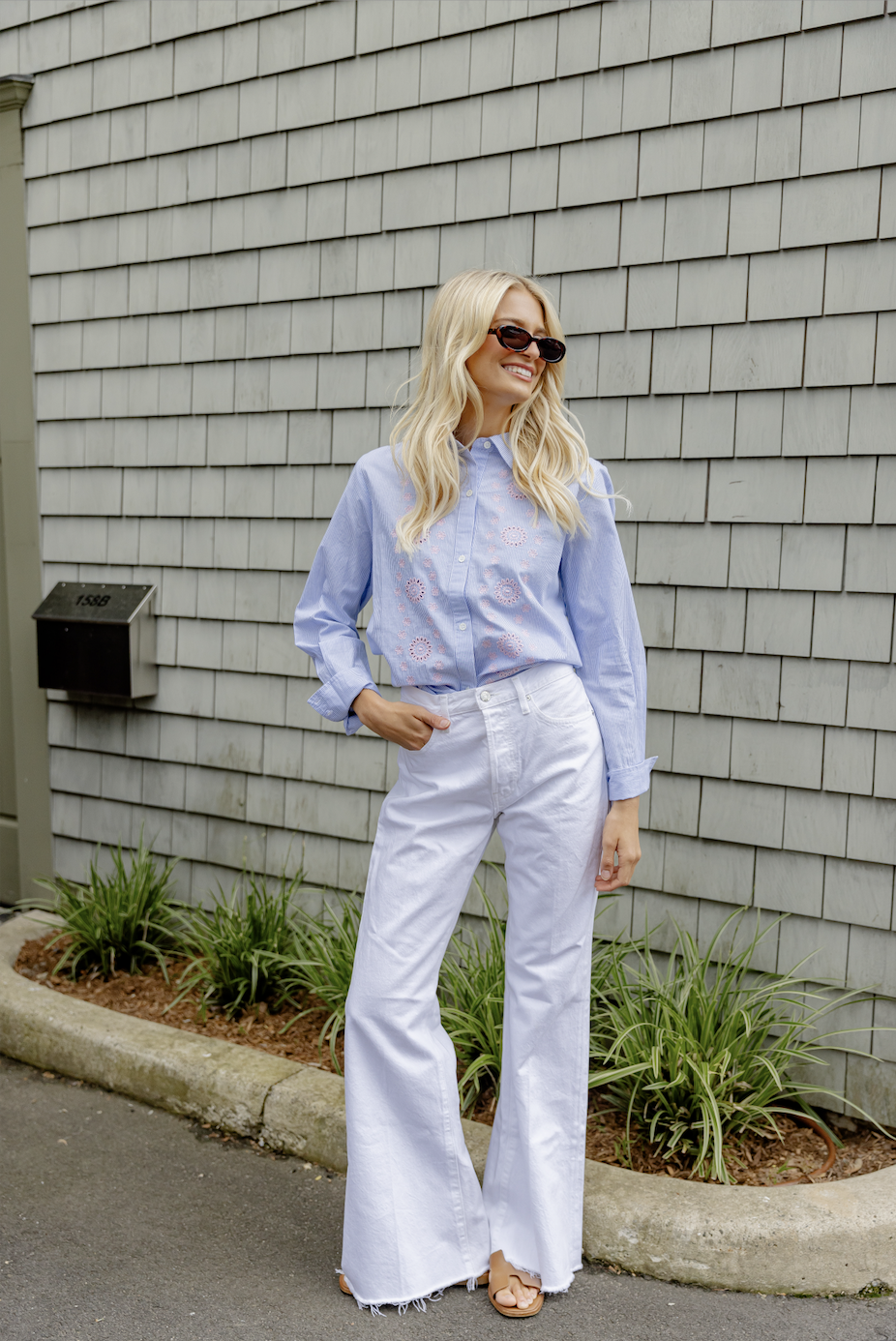 Blue & White Embroidered Button Down Shirt