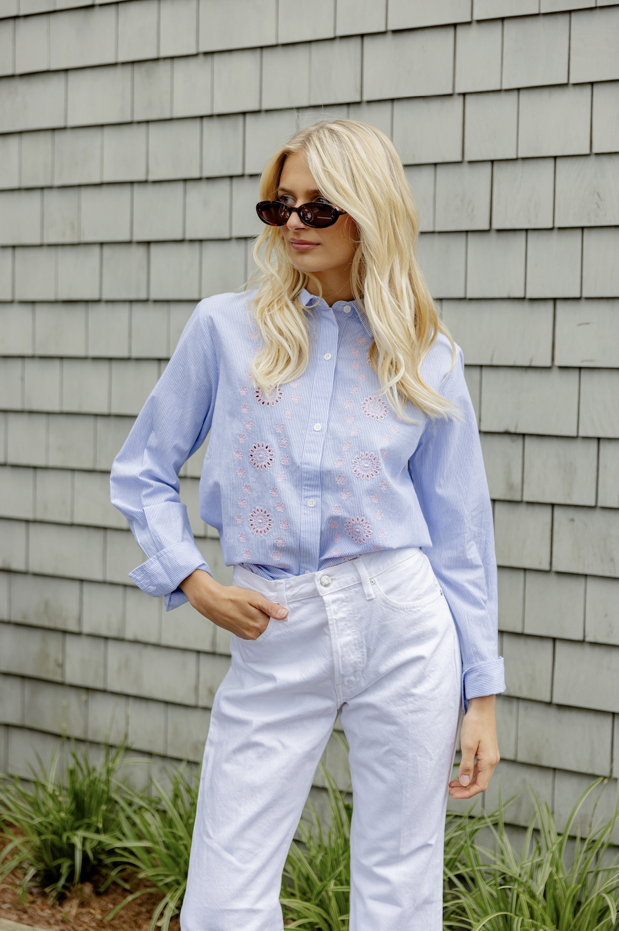 Blue & White Embroidered Button Down Shirt