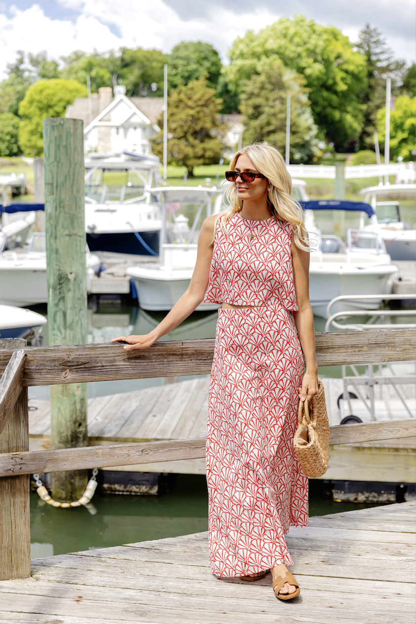 Red Seashell Print Maxi Skirt Set