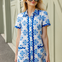 Floral Tile Short Sleeve Shift with Ric-Rac