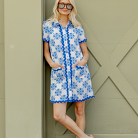 Floral Tile Short Sleeve Shift with Ric-Rac