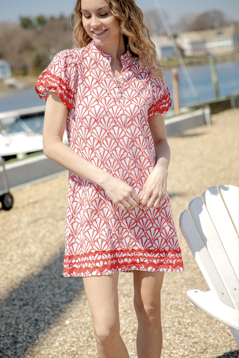 Red Seashell Print Puff Sleeve Button Front Mini Dress