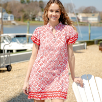 Red Seashell Print Puff Sleeve Button Front Mini Dress