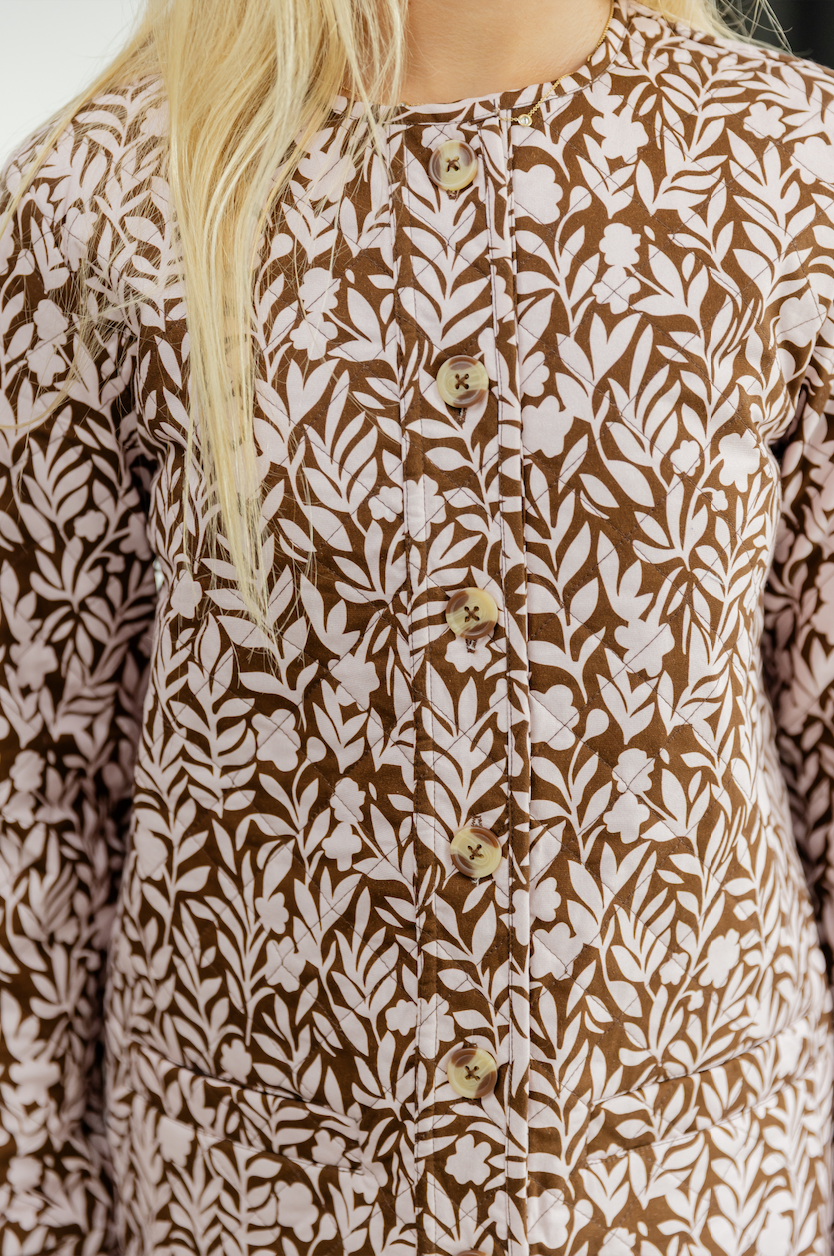 Floral Vine Print Button Front Quilted Jacket