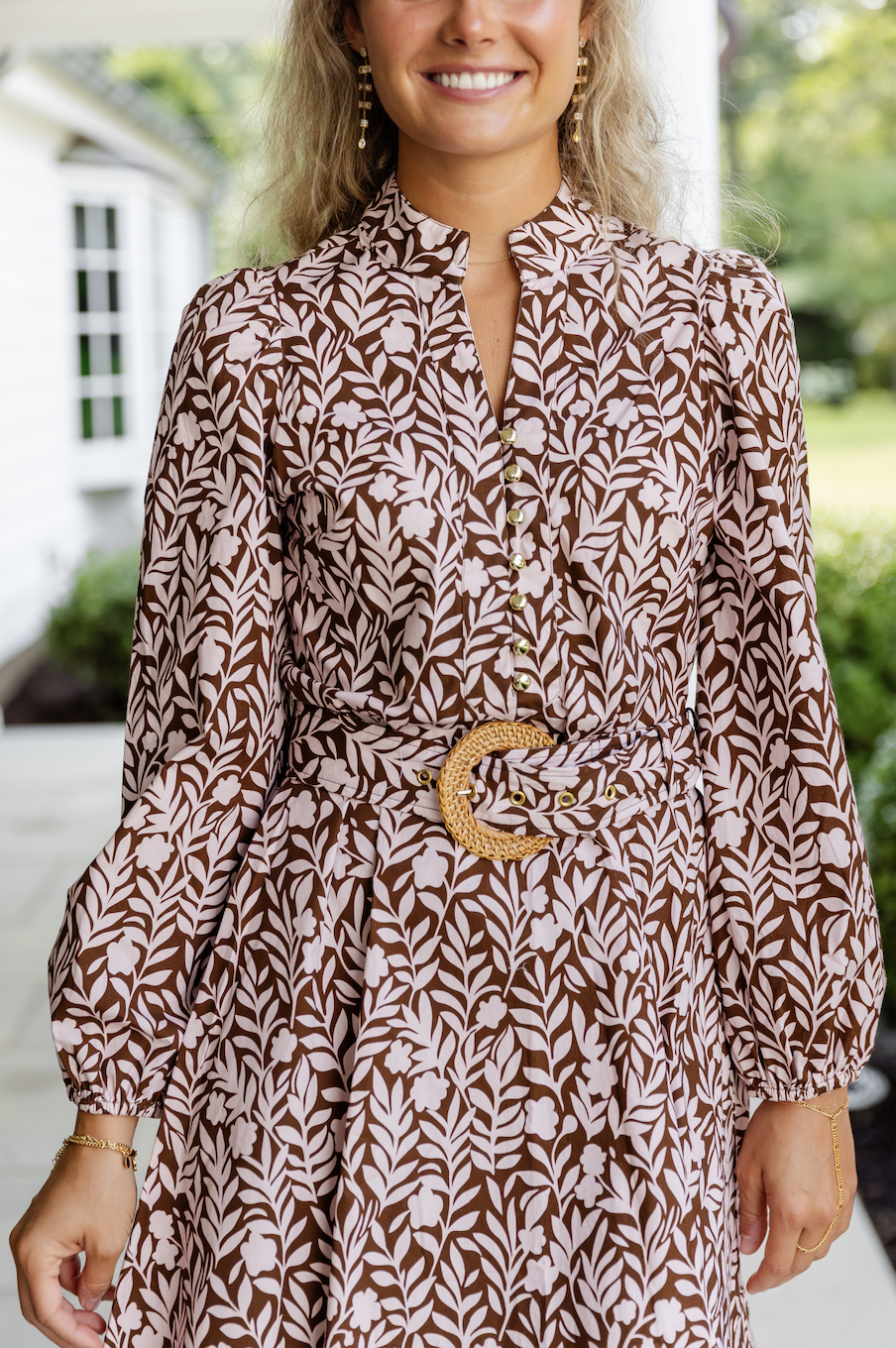 Floral Vine Print Belted Long Sleeve Tunic Dress