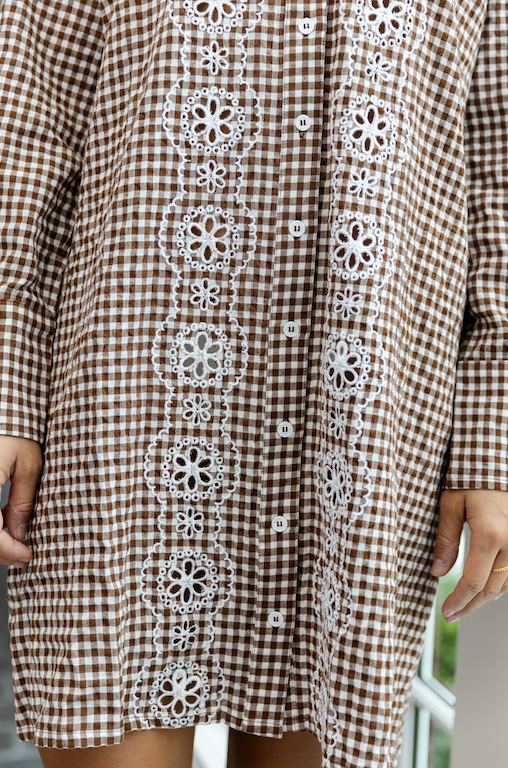 Brown & White Gingham Embroidered Shirt Dress