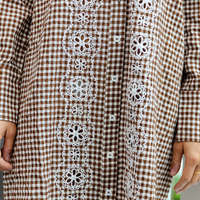 Brown & White Gingham Embroidered Shirt Dress
